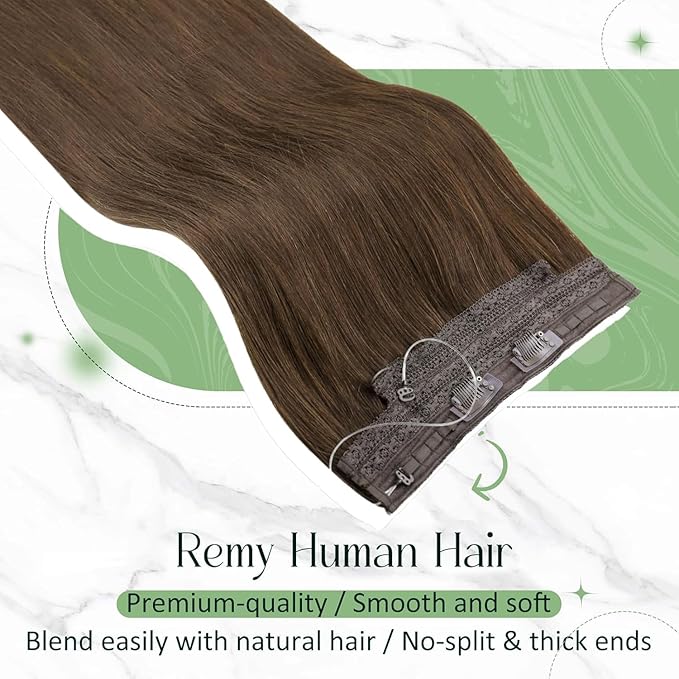 RUNATURE Invisible Wire Hair Extensions 20 Inch Brown Wire Hair Extensions Real Human Hair 100g One Piece Remy Straight Soft Hair for Women Easy to Apply #4