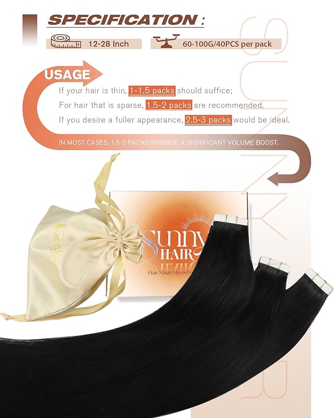Sunny Hair Tape in Hair Extensions Human Hair 18inch Hair Extensions Real Human Hair Tape in Extensions for Women Jet Black Invisible Remy Hair Natural Straight Skin Weft Double Sided Tape 40pcs 100g