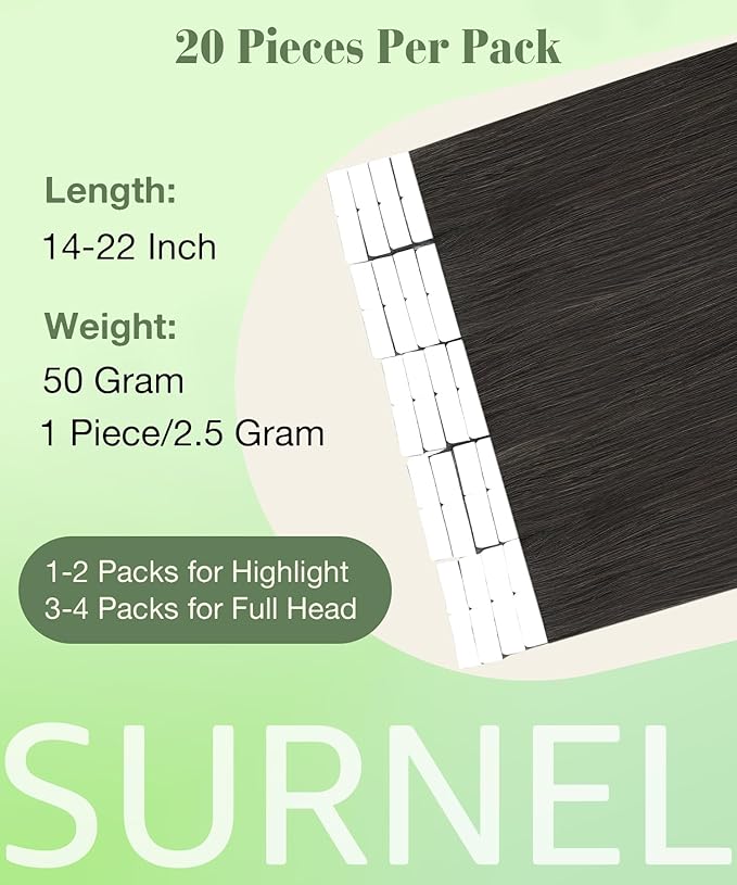 SURNEL Tape in Hair Extensions Human Hair 22 inch #2 Darkest Brown Tape in Hair Extensions 20pcs 50g(#2-22)
