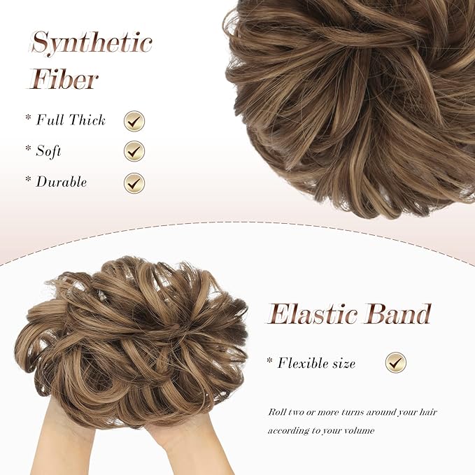 FESHFEN Messy Bun Hair Pieces - Large Wavy Curly Elastic Hair Bun Scrunchies Ponytail Extensions Synthetic Chignon Hairpieces for Women, Brown Mixed Honey Blonde 1.94oz