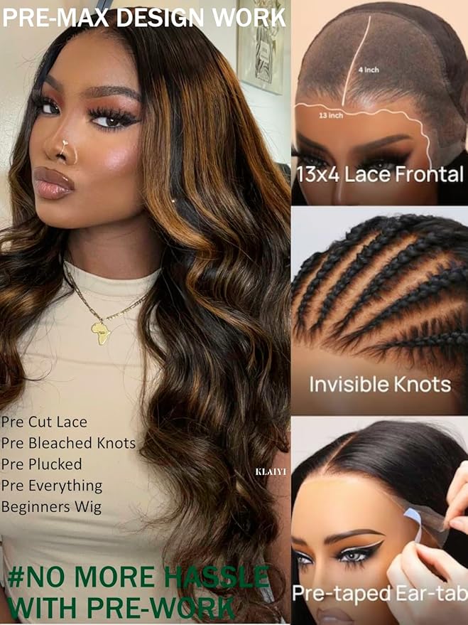 KLAIYI Pre Everything 13x4 Glueless Wig Ombre Brown Body Wave Pre Cut Lace Front Wigs Human Hair Pre Plucked Pre Bleached Wear and Go Wig with Dark Roots 12A Highlight Balayage 3S Ready To Wear 18Inch