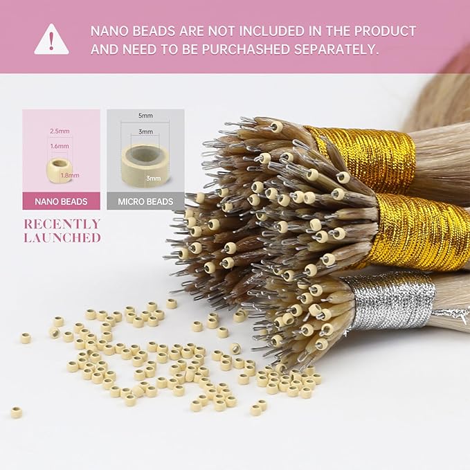 YoungSee Nano Extensions Human Hair Blonde Nano Ring Hair Extensions Warm Ash Blonde Highlights Bleach Blond Nano-Bead Extension Human Hair Cold Fusion Hair Extension 20 Inch for Wedding 50s 50g