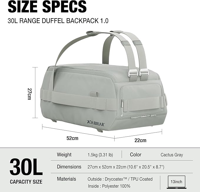 Blackbriar Range Duffel 30L Cactus Grey, Convertible Backpack with Patented Magnetic Access, Modular S-Partition, Dual Shoe Garage | Waterproof Drycoatex™ for Tactical, Travel, Gym