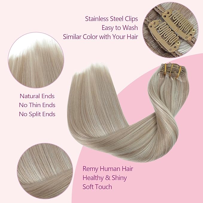 PINKPEARL Clip in Hair Extensions #18P1000 Ash Blonde Highlighted Gray Blonde 7pcs 22Inch 120g Real Remy Hair Extensions Clip in Human Hair(#18P1000-22)