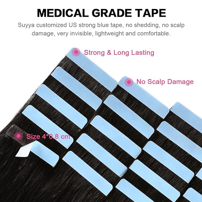 SUYYA Tape in Hair Extensions Human Hair 100% Remy Human Hair Natural Black 50g/pack 20pcs Straight Seamless Skin Weft Tape Hair Extensions(22 inches #1B Off Black)