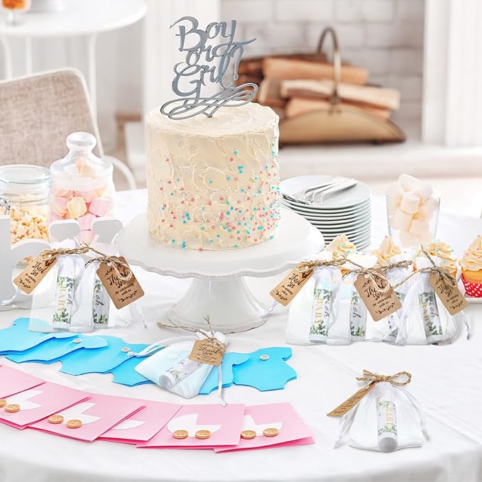 Demissle 50 Pcs Baby Shower Lip Balm Gift Set with 100 Pcs Organza Bags Baby Shower Party Favor for Guest Thank You Tag Rope Baby Shower Party Decoration Gender Reveal Souvenirs (Leaves)