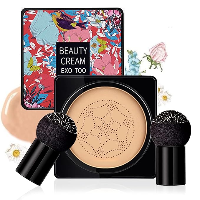 Mushroom Head Air Cushion CC Cream Foundation,Beauty Cream EXO TOO Moisturizing BB Cream, Long Lasting Matte Concealer with 2PCS Mushroom Head Sponges (Natural)