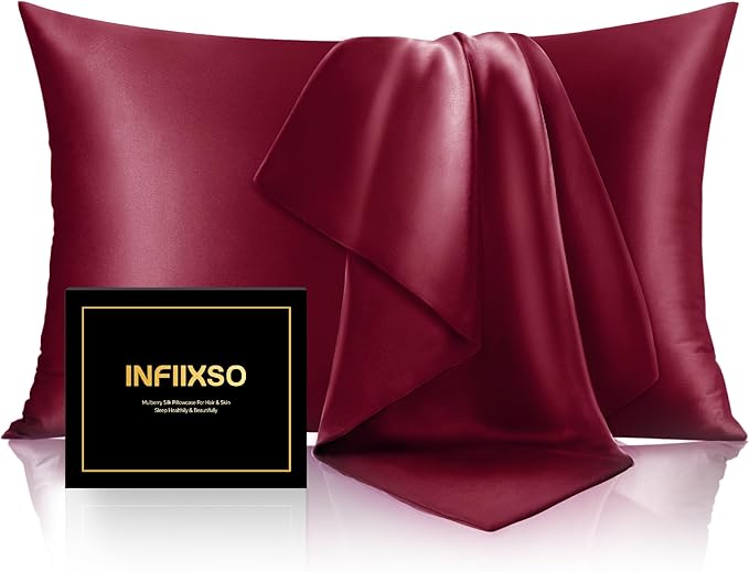 INFIIXSO Mulberry Silk Pillowcase for Hair and Skin, Silk Pillow Cases Standard Size with Hidden Zipper 20x26 Inches, Super Smooth and Soft Cooling Pillow Cases for Hot Sleepers(Burgundy, 1 Pack)