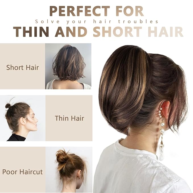 10 Inch Ponytail Extension - Straight Pony Tails Hair Extensions, Claw Clip Ponytail Extension, Synthetic Hair Extensions Ponytail, Clip in Ponytail (Color: Brown with Blonde Highlights)