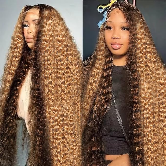 AMIRTY 360 Honey Blonde Water Wave Wig Human Hair 4/27 Highlight Curly Wig Pre Plucked Ombre Lace Front Wig Human Hair Drawstring Wig Human Hair Deep Wave Lace Front Wig Colored Wigs 24Inch