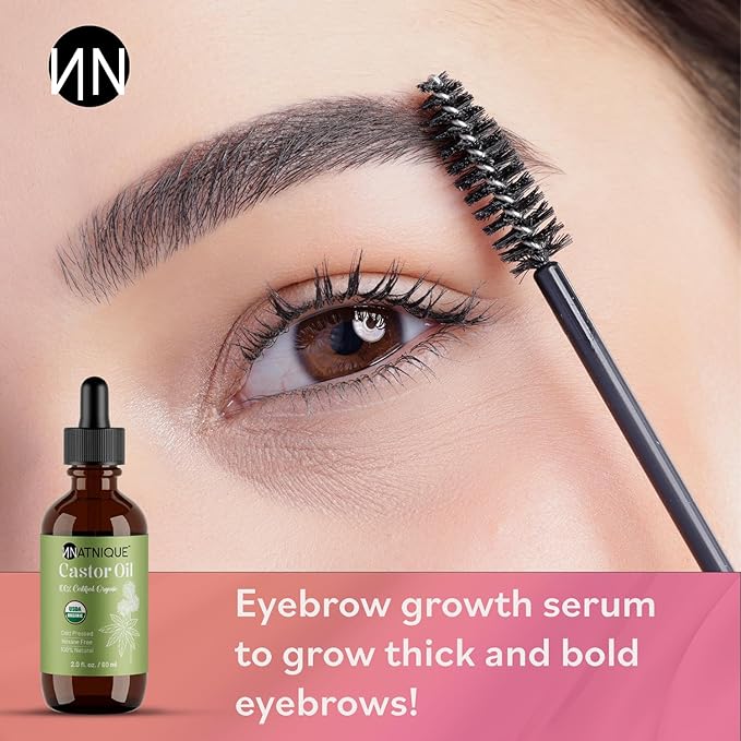 Natnique Castor Oil – USDA Certified Organic, 100% Pure Cold Pressed Unrefined Oil for Hair Growth, Eyelashes, Eyebrows & Scalp – Natural Skin Moisturizer, Lash Serum & Hair Treatment (2 Oz)