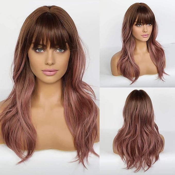 EMMOR Long Wavy Wigs with Bangs for Women, 20 Inch Natural Curly Hair With Air Bang Synthetic Ombre Wigs, Party Cosplay Daily Use