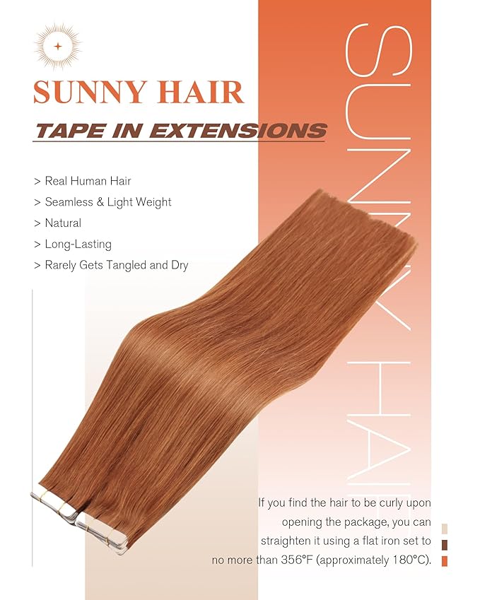 Sunny Hair Tape in Hair Extensions Real Human Hair Invisible Remy Hair Extensions Tape ins for Women Copper Red 20 inch 20Pcs 50G