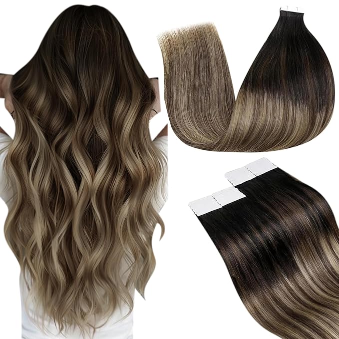 LaaVoo Tape in Hair Extensions Human Hair Ombre Tape in Extensions Black to Chestnut Brown Mixed Caramel Blonde 18inch 20pcs/50g