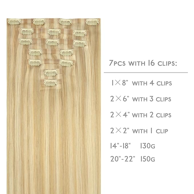WENNALIFE Seamless Clip In Hair Extensions, 14 Inch 7pcs 130g Light Blonde Highlighted Golden Blonde Hair Extensions Clip In Real Human Hair Extensions Invisible PU Weft Human