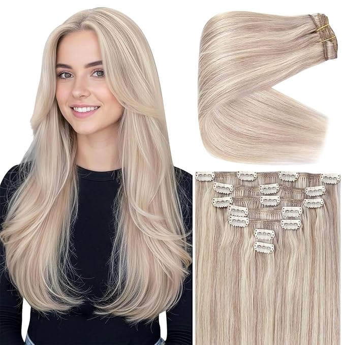 Ve Sunny Clip in Hair Extensions Real Human Hair 20inch Remy Hair Extensions for Women Real Hair Ash Blonde Highlight Bleach Blonde Hair Double Weft 7pcs 120g