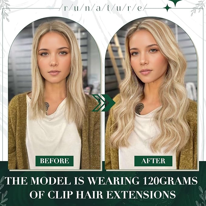 RUNATURE Blonde Clip in Hair Extensions, Real Human Hair Clip in Extensions, Short Hair Extensions Clip Ins, Remy Natural Hair For Women, Add Hair Volume, 12 Inch 50g 3pcs #18P60 Ash Blonde Highlight