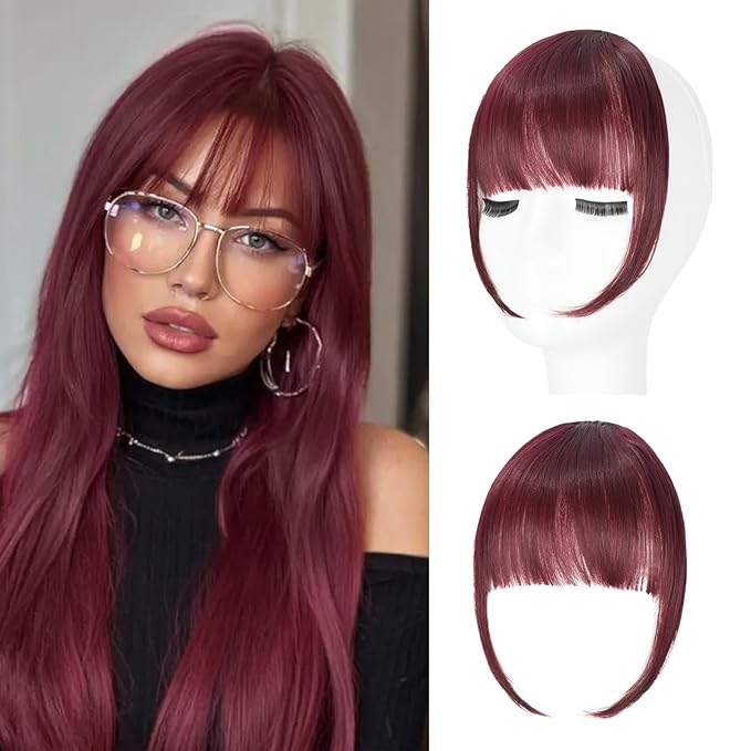Clip in Bangs, Synthetic Wispy Bangs Hair Clip, Wine Red Fake Bangs Fringe with Temples Hairpieces for Women Natural Curved Hair Extensions for Daily Wear