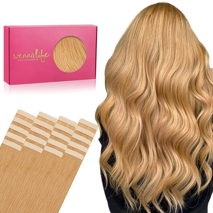WENNALIFE Tape in Hair Extensions Human Hair, 20pcs 50g 24 inch Strawberry Blonde Remy Hair Extensions Straight Human Hair Tape in Extensions Skin Weft Tape Extensions Human Hair