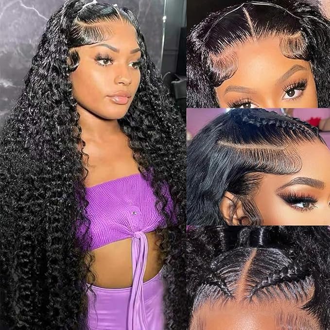 28 Inch 13×6 HD Lace Front Wigs Human Hair Water Wave 200 Density Lace Frontal Wigs Pre Plucked Deep Curly Human Hair Wig for Women Natural Black