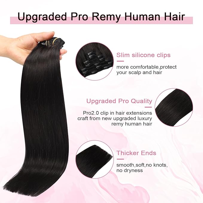Pro2.0 Clip in Hair Extensions Real Human Hair 120g Thick 7pcs Color #1B Natural Black Remy Real Human Hair Extensions Clip ins 14inch Seamless Double Weft for Women（#1B-14inch）