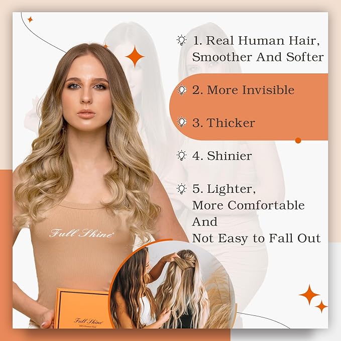 Full Shine 16Inch Tape in Hair Extensions Seamless Straight Tape in Extensions Ombre Human Hair Extensions 50G 20Pcs Color 10 Golden Brown to 14 Dark Blonde Real Remy Human Hair Extension for Wedding