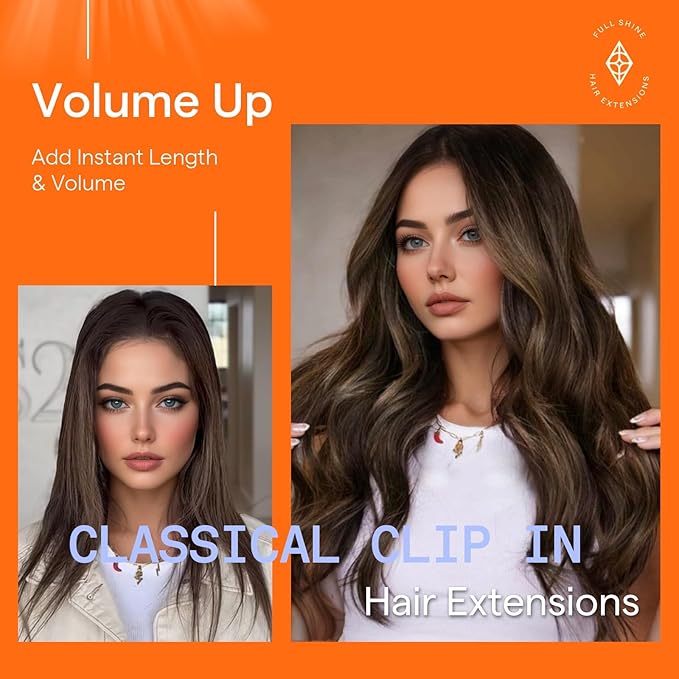 Full Shine Light Brown Clip in Hair Extensions 16 Inch Dark Brown Balayage Clip in Hair Extensions Real Human Hair 7 Pcs 120 G