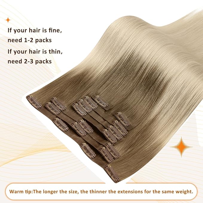 Full Shine Seamless Clip in Hair Extensions Human Hair Ombre Blonde Hair Extension Clip ins Ombre Light Brown to Platinum Blonde Hair for Women 14 Inch 8 PCS 120 Grams