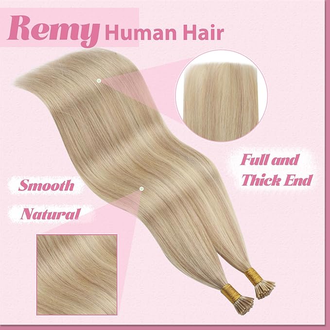 YoungSee I Tip Extensions Blonde Itip Hair Extensions Real Human Hair Ash Blond Highlighted Blonde 24 Inch 50s 50g Invisible I Tips Hair Extension Highlight I-Tip Human Hair Extension Long Hair