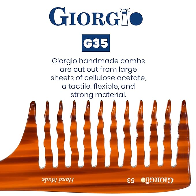 Giorgio G53 Wide Tooth Comb for Curly and Thick Hair - Large Handmade Rake Detangler for Wet or Dry Hair, Hand-Polished (8")