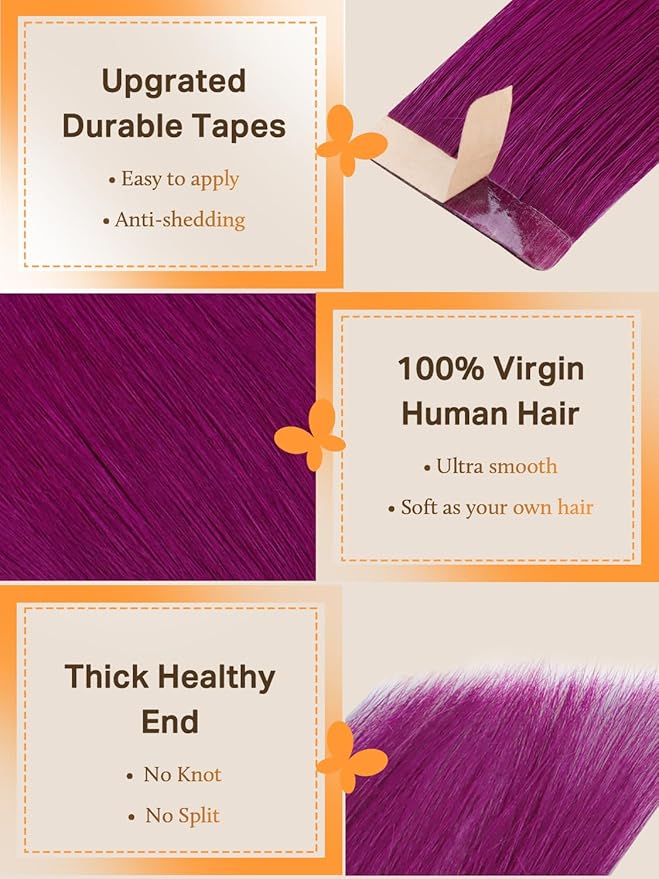 DOORES Tape in Hair Extensions Real Human Hair, Violet 16 Inch 25g 10pcs, Human Hair Extensions Tape in Natural Hair Straight Hair Extensions Remy