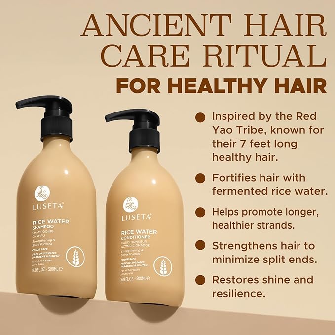 Luseta Rice Water Shampoo and conditioner Set Strengthening & Nourishing Revitalizes Shine for All Hair Types Hydrating & Frizz Control for Women and Men 16.9oz*2