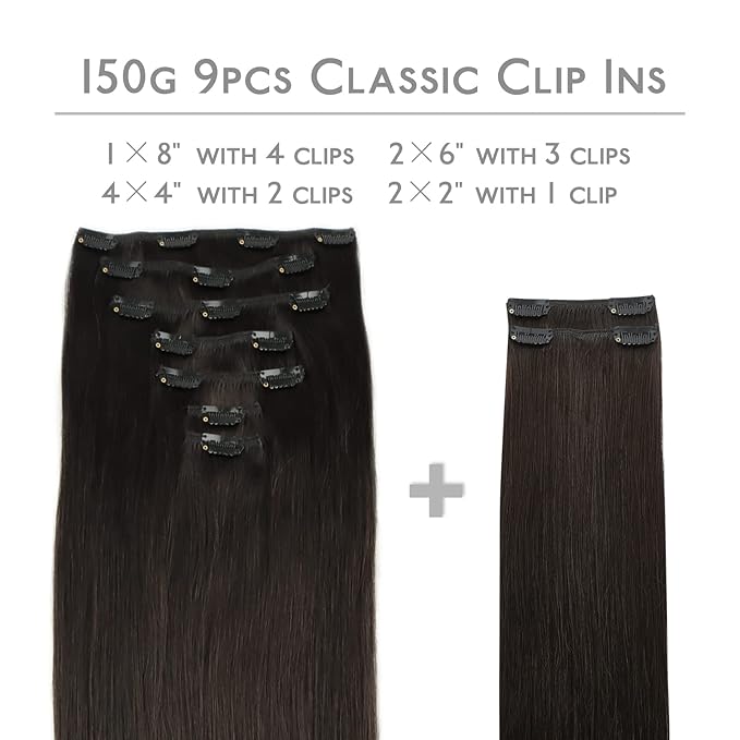 WENNALIFE Clip in Hair Extensions, 150g 18 Inch 9pcs Dark Brown Human Hair Extensions Thicker Clip in Hair Extensions Real Human Hair Clip Set Double Weft