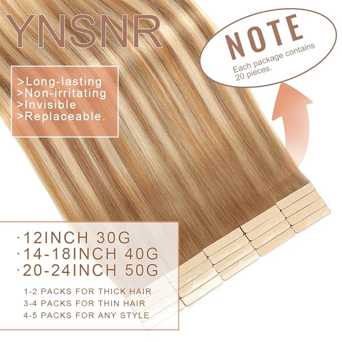 Tape in Hair Extensions Real Human Hair 24 Inch Middle Brown Highlight with Dark Blonde Tape for Skin Weft Hair Extension Invisible Tape in Hair Extensions Straight Remy Human Hair for Women 20pcs
