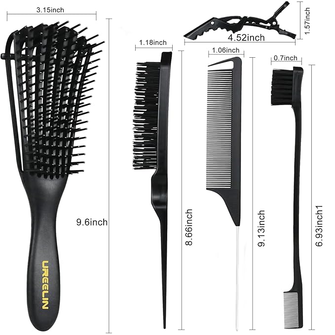Hair Brush Set for 3a,4c,Wig/Thick/Wavy/Curly/Slick Back Hair Brushes,Rat Tail Combs,8-Row,Edge Brush,For Detangling,Braiding,Teasing,Parting,Styling,Kids,Girls,women(Black)