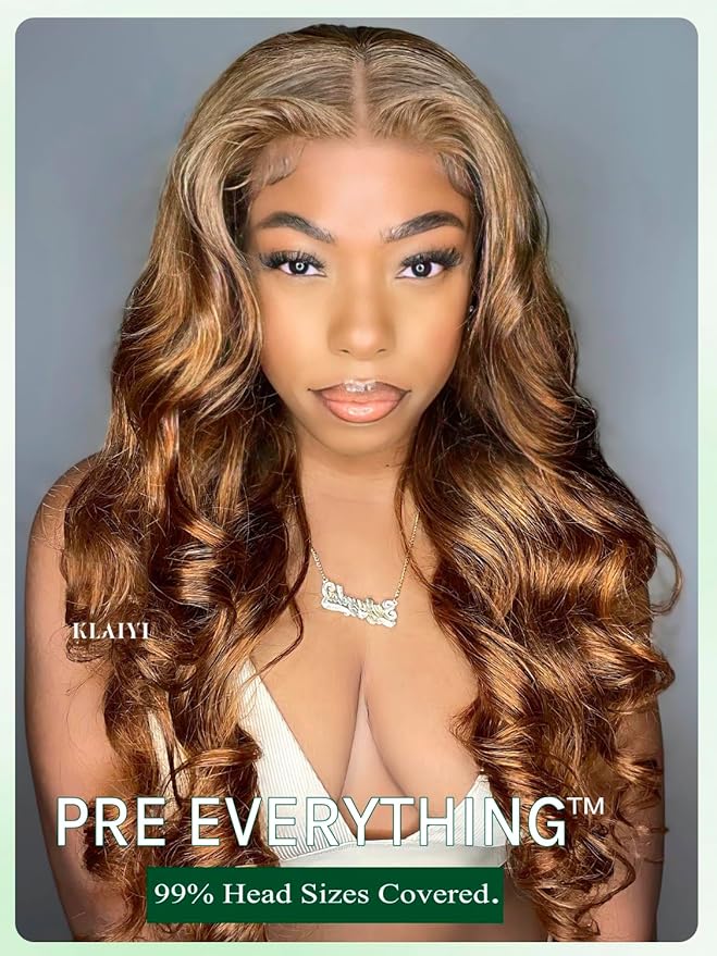 KLAIYI Wear And Go Glueless Wig Bye Bye Knots 13x4 Precut Lace Front Wigs Human Hair Ombre Highlight Blonde Body Wave Wig Pre Bleached Pre Everything Pre Plucked with Baby Hair 3S Ready to Wear 26Inch