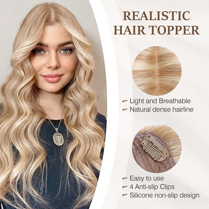 Rich Choices Hair Toppers for Women Real Human Hair 100% Human Remy Toppers NO Bangs with Thinning on Top Clip in Hairpiece 4"x4.7"Lace Base 10 Inch #12P613 Golden Brown Highlights Bleach Blonde