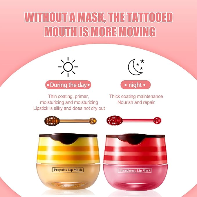 2 Pcs Lip Balm Honey Pot, Honey & Strawberry Moisturizing Lip Mask Reduces Lip Lines and Exfoliator, Prevention Dry & Cracked Lip. (Honey & Strawberry)
