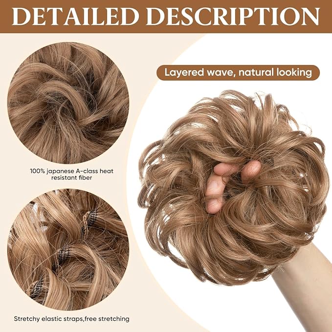 CJL HAIR Large Messy Bun Hair Piece Wavy Curly Scrunchies Synthetic Chignon Ponytail Hair Extensions Thick Updo Hairpieces for Women Pepper Grey