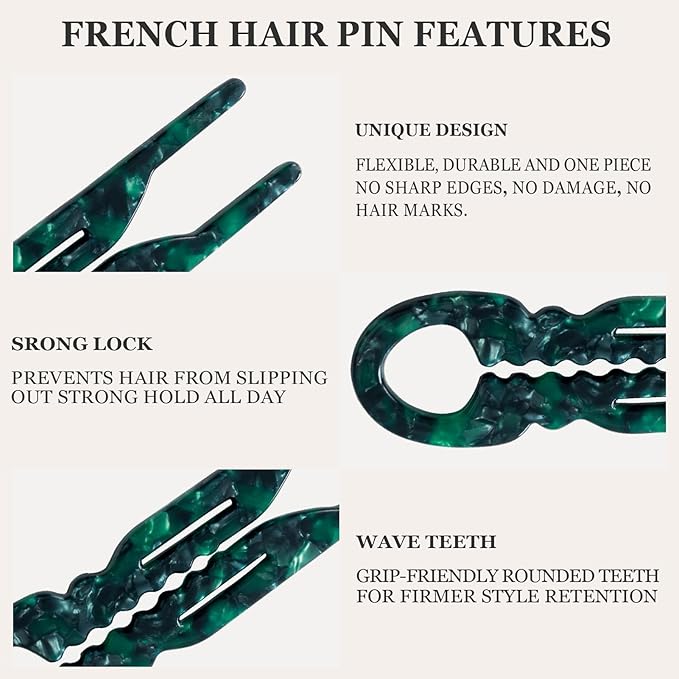 Sunolga 4pcs Prestige French Hair Pins for Women, 4.38" Large, Serrated Anti-Slip Design, Curved Shape for Better Head Fit, Coquette Elegant Hair Accessories for Updos, Chignon, Bun Hairstyles