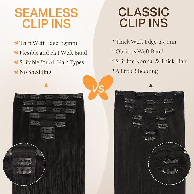 DOORES Seamless Clip-in Real Human Hair Extensions, Natural Black 20 Inch 110g 7pcs, Remy Hair Extensions Straight Invisi Edge Weft