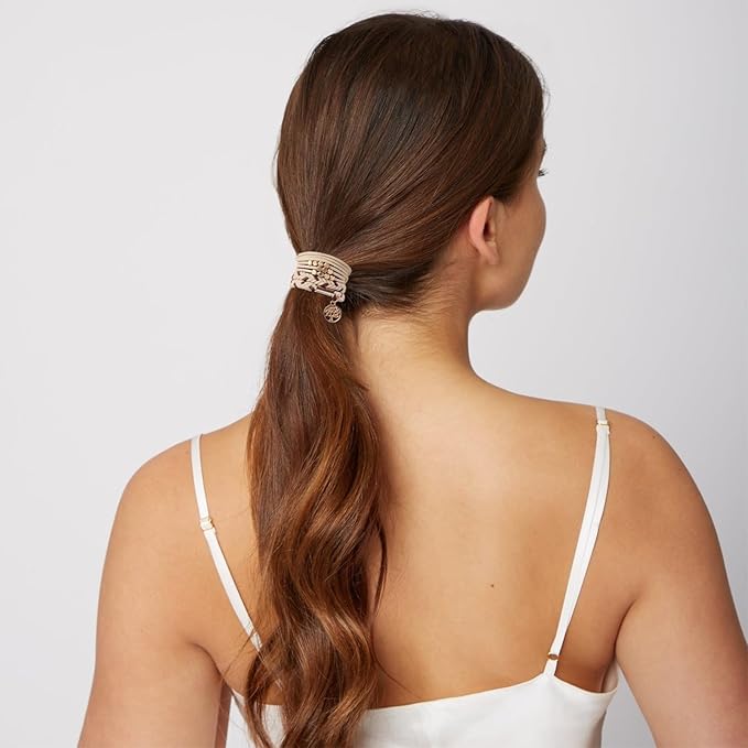 10 Boho Bracelets, Braided & Stretch Hair Ties for Thick/Thin Hair, 5 Styles, Light Coffee Colors - No Damage Ponytail Holders