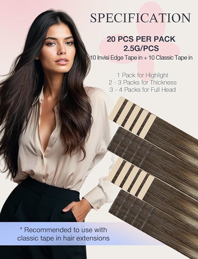DOORES Invisi Edge Tape in Hair Extensions Human Hair, Chocolate Brown to Honey Blonde 10 Injection Tape-ins with 10 Classic Tape-ins 50g 16 Inch, Virgin Tape in Extensions