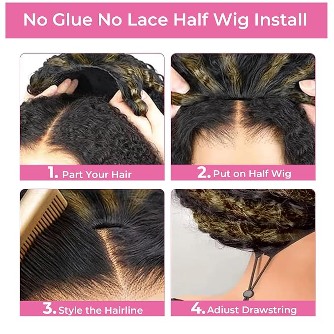Kinky Curly Half Wig Human Hair Drawstring Balayage Highlight Ombre No Lace Glueless Wear Go Wig Drawstring Invisible Hairline Beginner Friendly For Women Flip Over Clip In 250% Density 18Inch