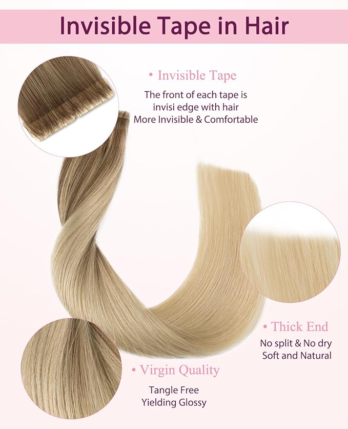 Pinkpearl Invisible Tape in Hair Extensions Human Hair, 20pcs 20inch 55g #8T60 Balayage Ash Brown to Platinum Blonde Injection Tape in Extensions Real Remy Seamless Human Hair Injected