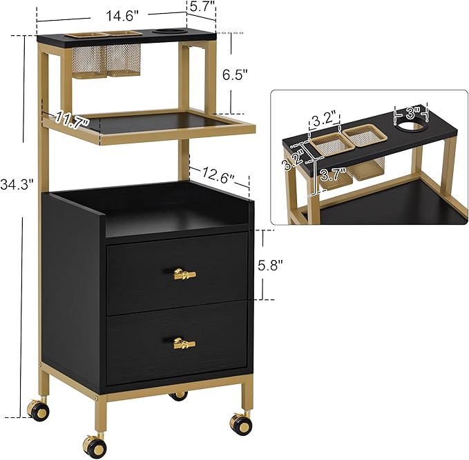 BarberPub Rolling Salon Cart with Storage Drawers, Barber Trolley with Metal Tool Holder & Basket, Beauty Salon Equipment for Hair Stylist 2084 (Black)