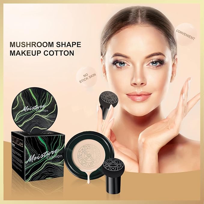 Mushroom Head Air Cushion CC Cream, Long-Lasting Brightening BB Cream Foundation With Powder Puff for Face Makeup and Mature Skin, Moisturizing Full Coverage Self Adjusting Concealer (Buff Beige)
