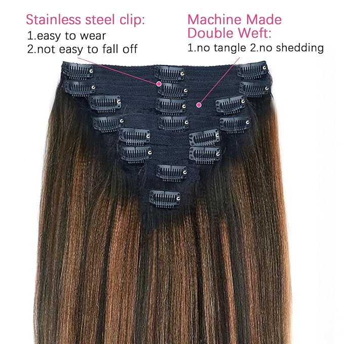 Yaki Straight Clip ins Real Human Hair Extensions For Women Highlight Hair Extensions Yaki Straight Clip in Hair Extensions(14inch,T1BP1B/30)