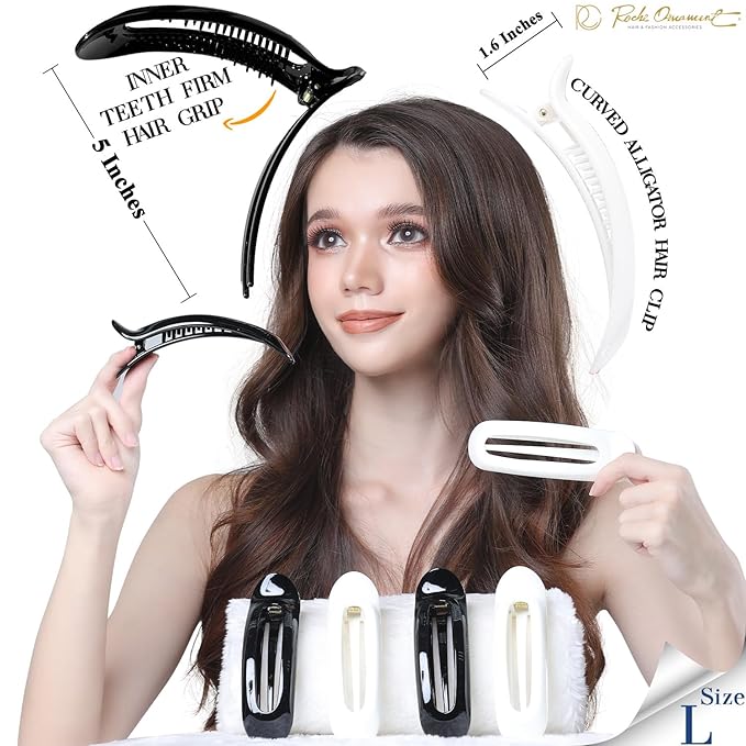 RC ROCHE 6 Pcs Flat Claw Hair Clips for Women Alligator French Barrette Long Thick Hair Duckbill Curved No Slip Grip Lay Flat Side Slide Firm Classic Styling, Large Black & White