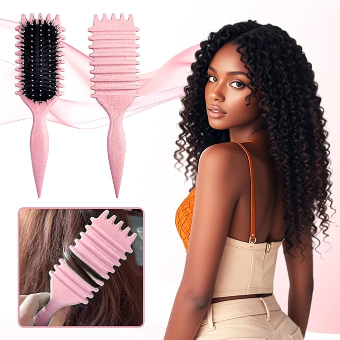 Curly Hair Brush,Curl Defining Brush Boar Bristle Hair Brush for Combing and Shaping,Reduce Pulling and Curl Separation For Defined Curls(pink)